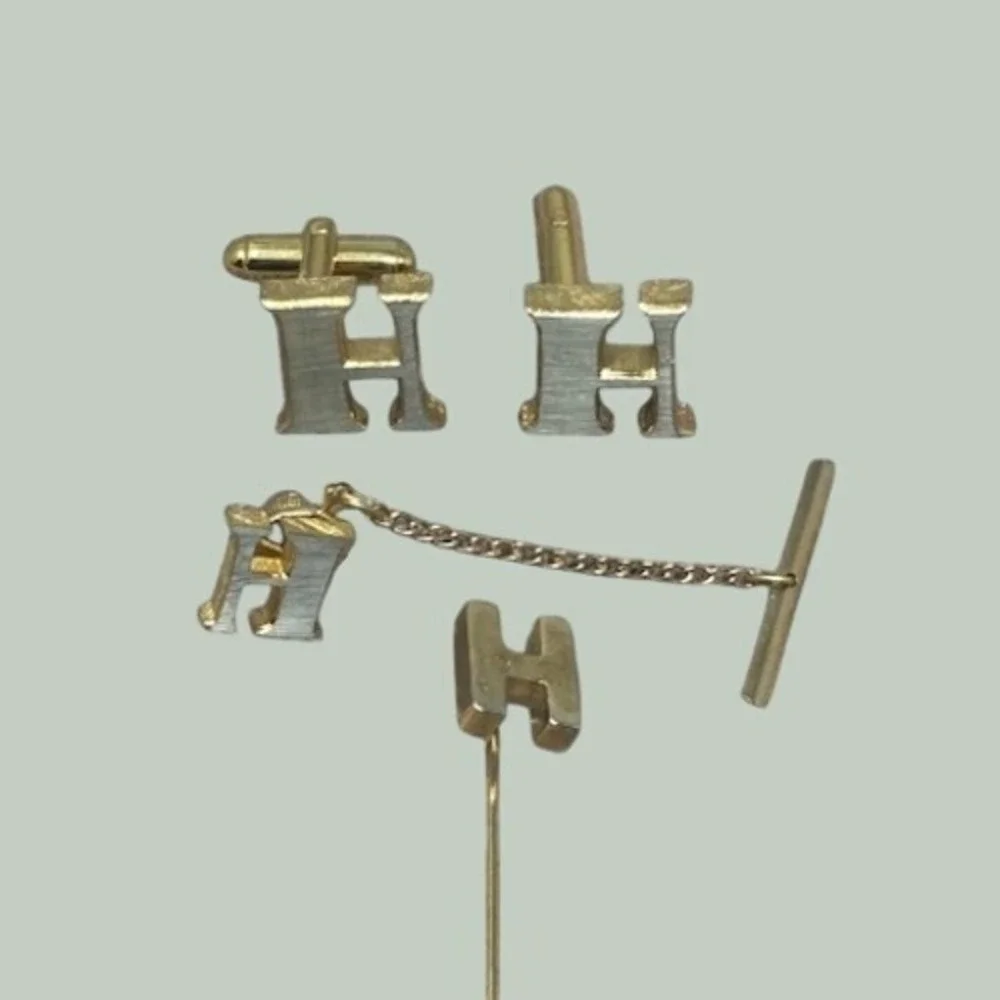 Vtg Dante Cufflink Tie Tack Stick Pin Set Gold Silver Initial H Mens